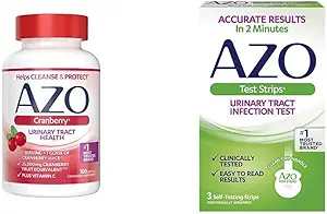 AZO Cranberry Urinary Tract Health Supplement &amp; Urinary Tract Infection (UTI) Test Strips, Resultados exactos en 2 minutos, Testado clínico, Resultados fáciles de leer, 3 cuenta