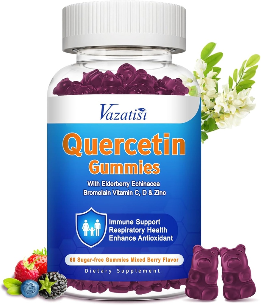 Quercetina con Gummies de Bromelain, Quercetina 1200MG con Vitamina C Zinc " Elderberry para el sistema inmunológico " Alergía, Chewable " Vegan Gummies, 60 Cts