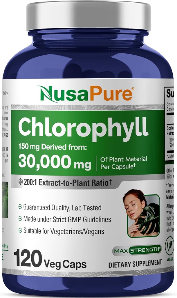 NusaPure Chlorophyll 200:1 Extracto, 150 mg Equivalente a 30.000 mg por Capsule 120 Vegetarian Caps (No-GMO, Vegan)