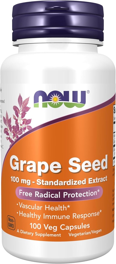 AHORA Suplementos, semillas de uva 100 mg - Extracto estandarizado, Extracto altamente concentrado con un mínimo de 90% de polifenoles, con vitamina C, 100 cápsulas de veg