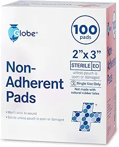 Globe Sterile Non-Adherent Pads, (100-Pack), 2” x 3” No Adhesivo Wound Dressing. Altamente Absorbent " Non-Stick, Painless Removal-Switch. Individuo de protección extra (2 x 3)