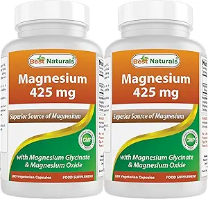 Mejores Naturales Magnesio 425 mg 180 Veggie Capsules - High Absorption Magnesium Glycinate & Magnesium Oxide Chelated, Non-GMO, Gluten Free Muscle Relax (180 Conde (Pack de 2))