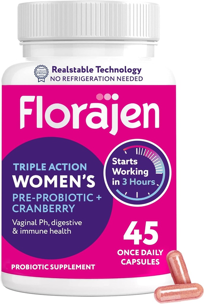 Florajen Women's Probiotic, Prebiotic, & Cranberry Supplement for Vaginal Health, Immune Support, & Digestive Wellness - 30-Count