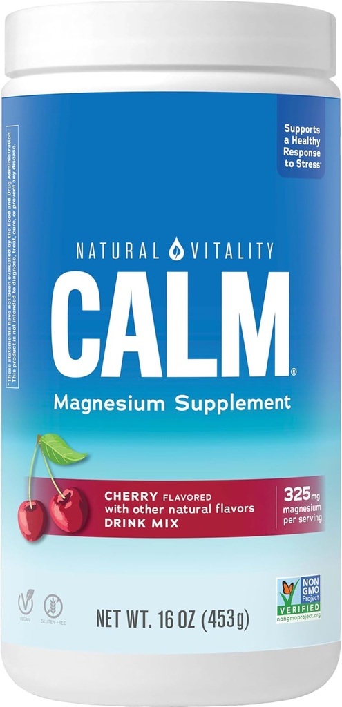 Natural Vitality Calm, Magnesium Supplement, Anti-Stress Drink Mix Powder, Gluten Free, Vegan, & Non-GMO, Cherry, 16 oz