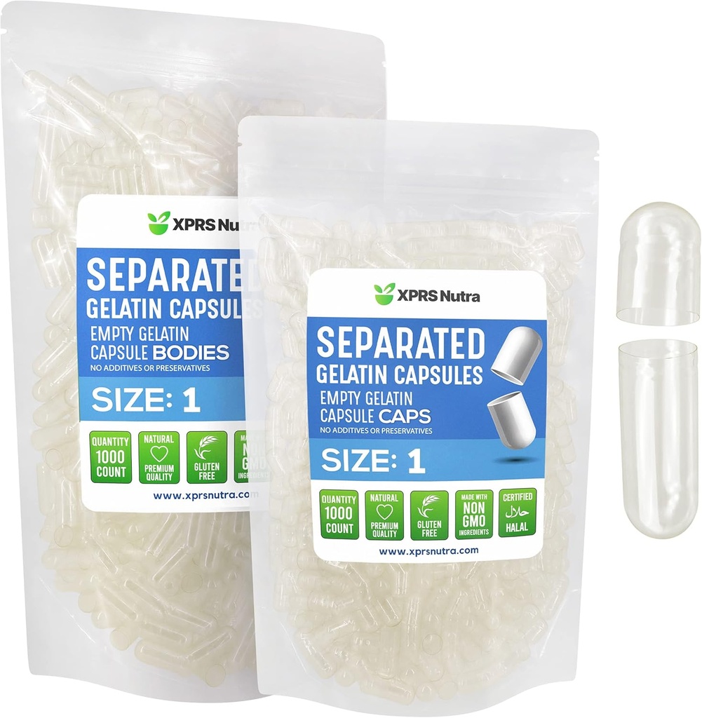 XPRS Nutra Tamaño 1 Gelatina Cápsulas separadas - 1000 Conde Cápsulas vacías Separadas en bolsas - Píldoras vacías para DIY Do-It-youself Suplemento relleno
