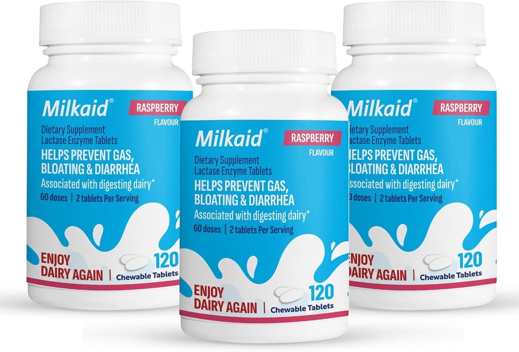Lactasa láctea Enzyme Tablas para Alivio de la Intolerancia de Lactosa tóxica Previene Gas, Bloating & Diarrhea ← Fast Acting Dairy Digestive Supplement (360 Tablets, Raspberry)