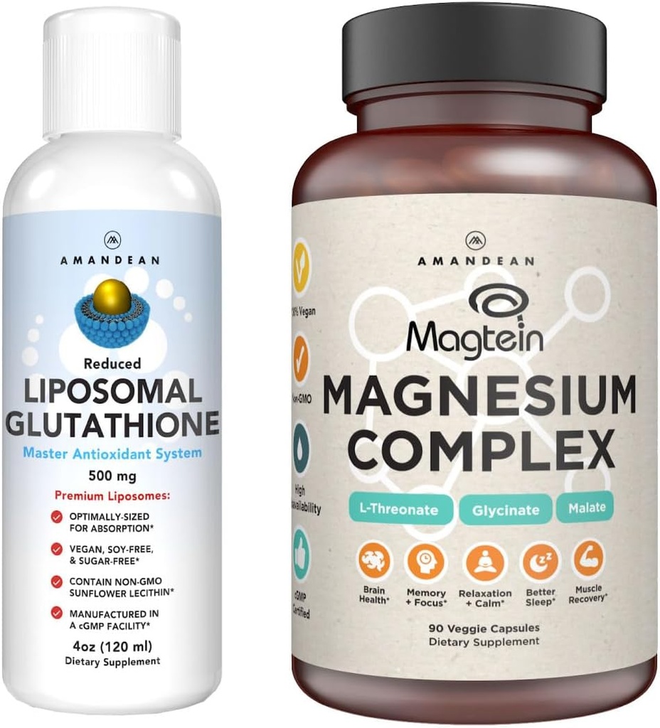 AMANDEAN Premium Liposomal Glutathione &amp; Magnesium Complex Bundle. Antioxidante. Setria líquido. Threonate de Magnesio de alta absorción, Glycinate & Malate. Brain &amp; Liver Health. Memoria, Focus " Sleep
