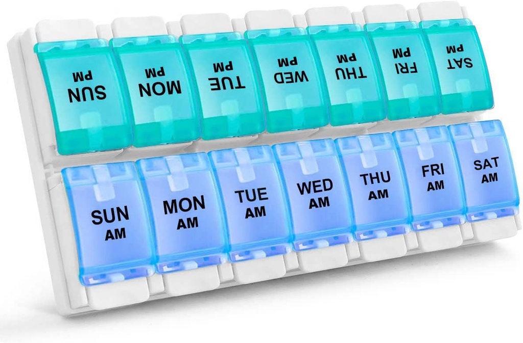 Sukuos AM PM Organizador semanal de 7 días, 2 veces una caja de píldoras de día con artritis botón de empuje amigable, casos de medicina para aceite/suplementos de vitamina/Fish, fácil de limpiar (Cyan manzana)