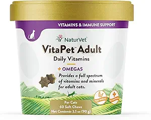 NaturVet VitaPet Adult Daily Vitamins Plus Omegas para gatos, 60 ct Soft Chews, Made in The USA with Globally Source Ingredients