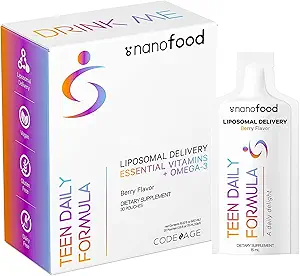 Multivitaminas de Codeage Para Adolescentes, Vitamina Líquida C para Adolescentes, Vitamina A B6 B12 D3 E Para Niños, Biotina Zinc Omega-3 Folate, Suplemento de Vitaminas Liposómicas, Un Sachet diario, Vegan, No GMO, 30 Pouches