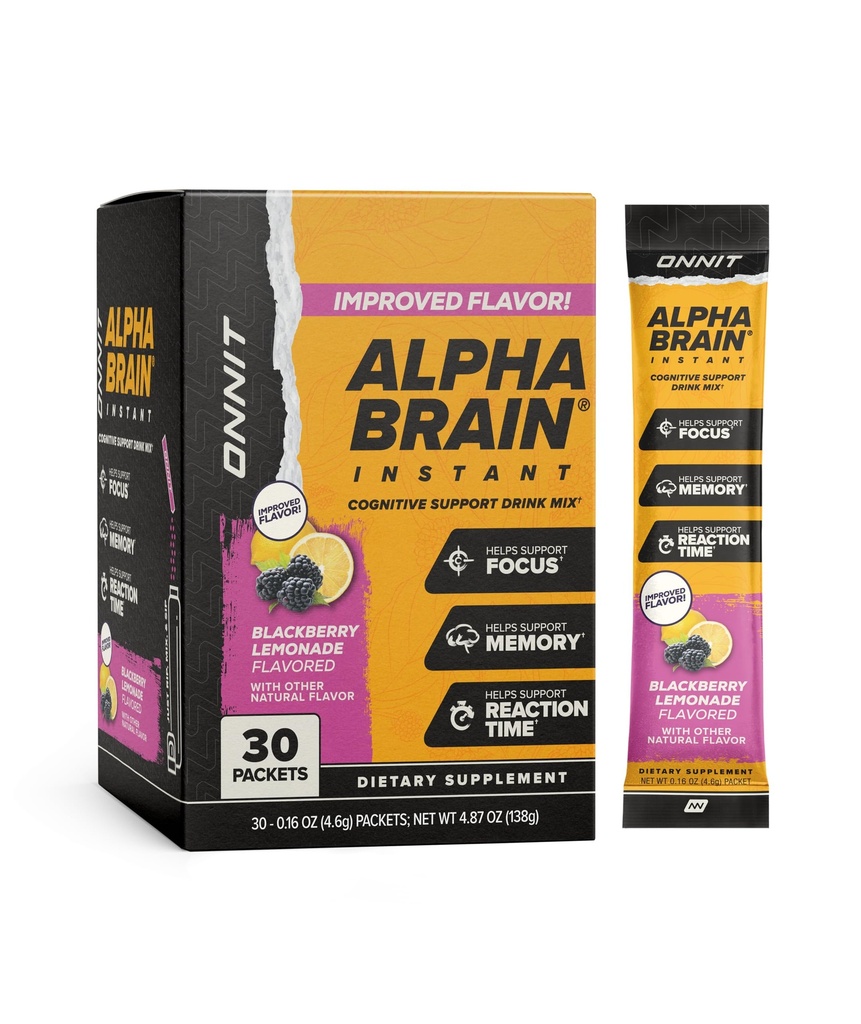 ONNIT Alpha Brain Instant Cognitive Support Drink Mix, BlackBerry Lemonade Flavor, Suplemento Nootropic para Focus, Memory y Clarity, 0.13 oz Packets, 30 Conde