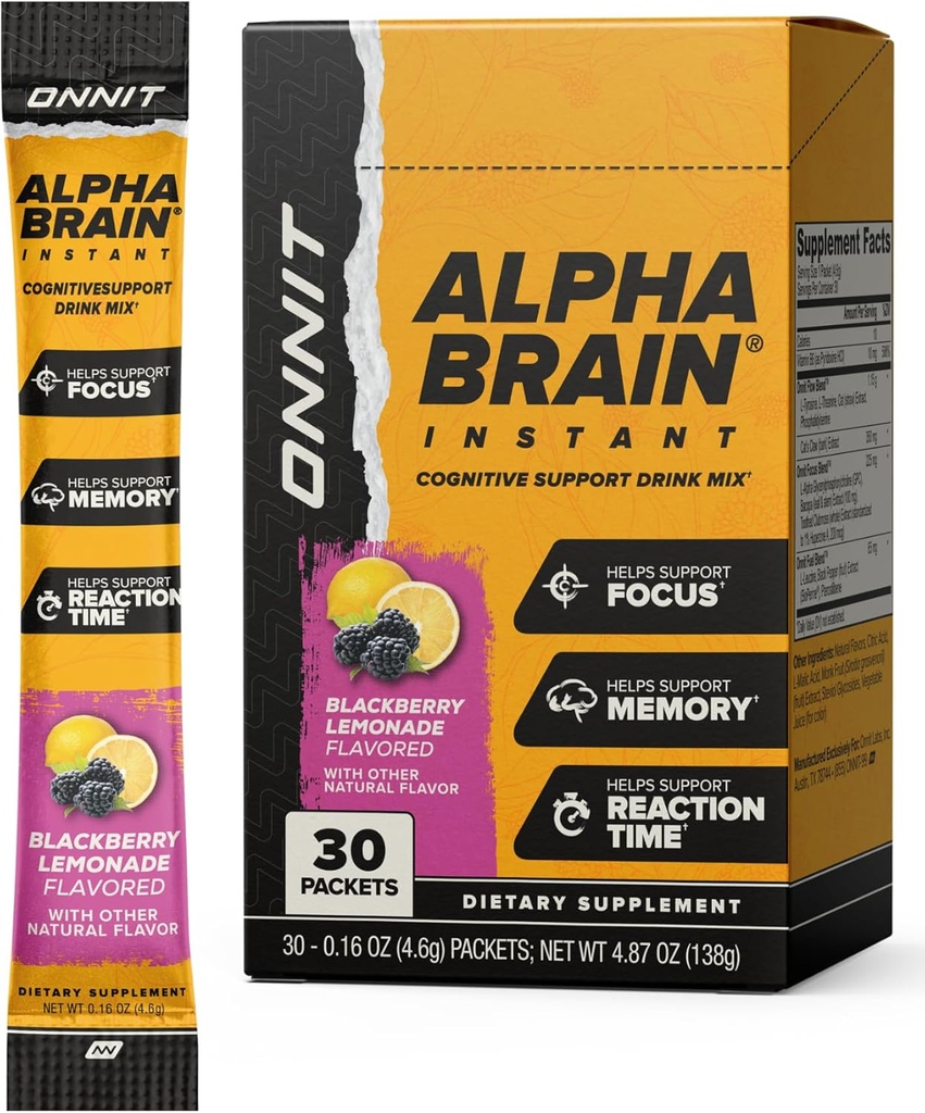 ONNIT Alpha Brain Instant Cognitive Support Drink Mix, BlackBerry Lemonade Flavor, Suplemento Nootropic para Focus, Memory y Clarity, 0.13 oz Packets, 30 Conde