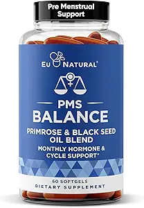 Balance PMS Vitaminas para Mujeres - Equilibrio hormonal para Mujeres, Soporte Menstrual - Aceite de Primrose, Aceite de Semillas Negras &amp; DIM - 60 Softgeles líquidos