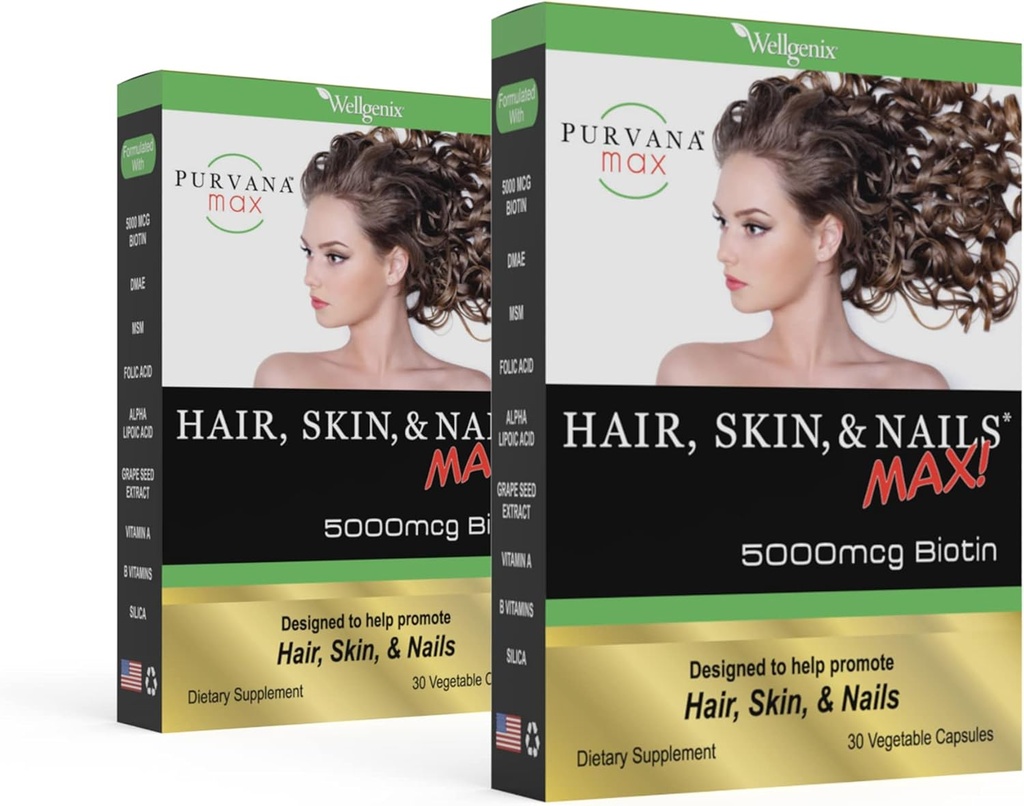Purvana Max Hair, Skin y Nails Vitamina - 5000mcg Biotina, ácido fólico, DMAE, Extracto de semillas de uva - Un día de cabello vegano, piel, uñas Soporte - Promueve la producción de colágeno - 30 caps (Pack de 2)