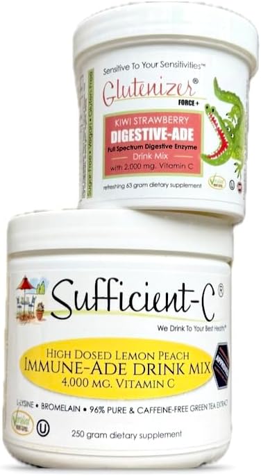 Suficiente-C 250 gramos Lemon Peach Immune-ade Drink Mix " Glutenizer Force Plus Kiwi Strawberry Digestive-ade Drink Mix - Bundle Savings