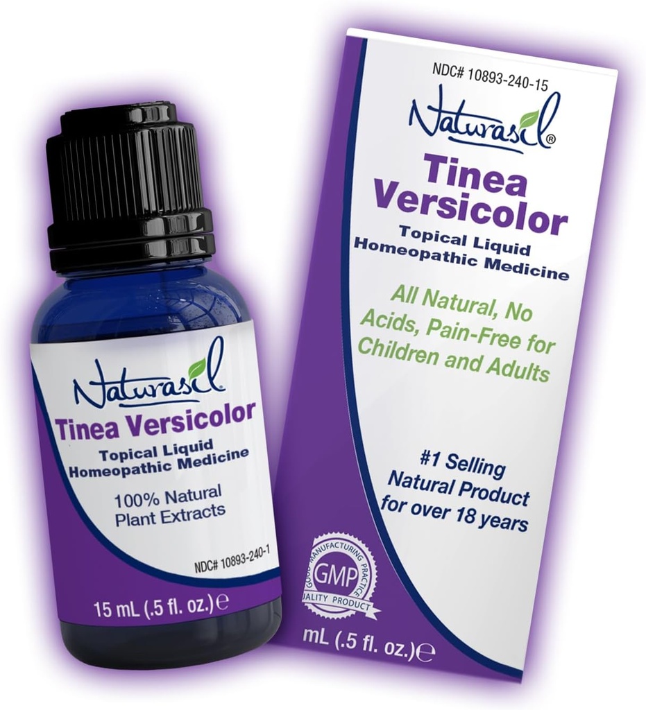 Naturasil Powerful Tinea Versicolor Treatment - Fast-Acting Tinea Versico Relief ← Mejor para Candida, Jock Itch, Athlete’s Foot &amp; Discoloration permanente para todas las edades vigentes para muchos tipos de piel vivas 15mL