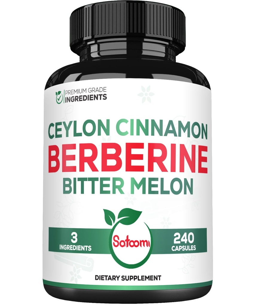 Satoomi Berberine 1500mg Supplement with Organic Ceylon Cinnamon Bark & Bitter Melon - 240 Vegan Capsules for 80 Servings - Immune System, Heart Health, Body Management & Digestion Support