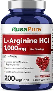 NusaPure L-Arginina 1000 mg 200 cápsulas vegetales (no GMO, vegetariano, vegano)