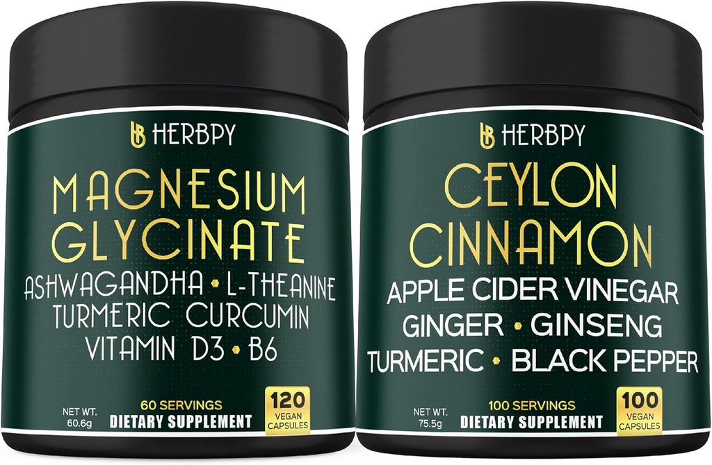 Bundle 6in1 Magnesium Glycinate Supplements & 6in1 Premium Ceylon Cinnamon Supplements - Relaxation, Restful Day & Night, Immune, Heart, Digestion & Body Balance Support