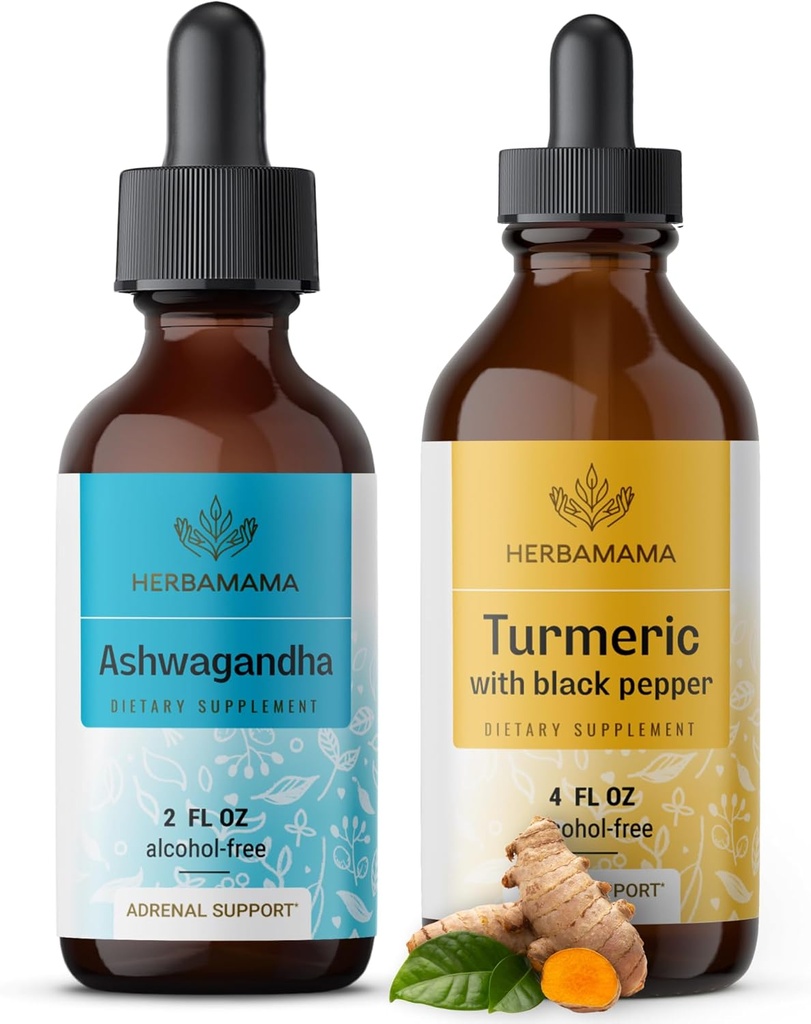 HerBAMAMA Herbal Liquid Drops Kit - Bundle of Ashwagandha Root Extract " Turmeric with Black Pepper Tincture 2 fl oz - Vegan, Non-GMO, Sugar " Alcohol-Free - 2 Pack