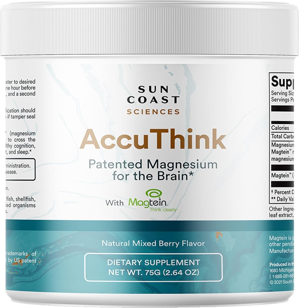 Sun Coast Science Sun Coast Sciences AccuThink - Patented Magnesium Brain - 2.64oz Memory Supplement Brain Health, Sleep, Mood Boost - Cognitive Support Suplemento Magnesium Threonate Vitamin C