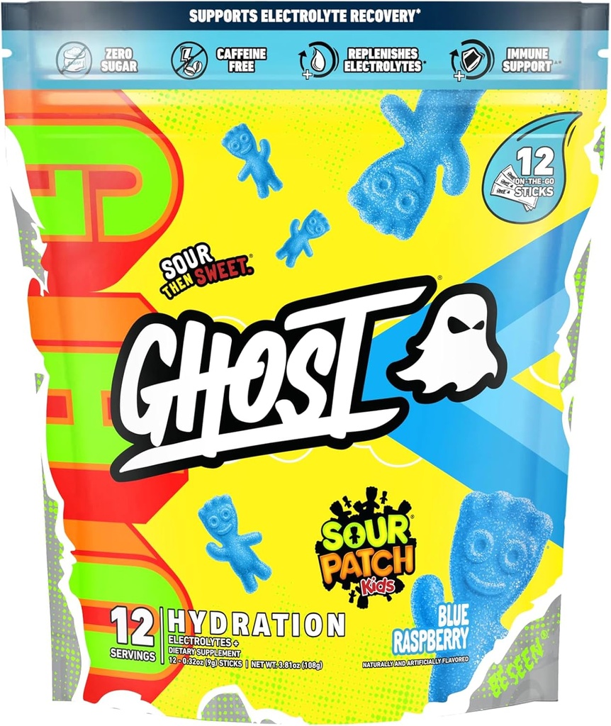 GHOST Hydration Packets, Sour Patch Kids Blue Raspberry, 12 Sticks, Electrolyte Powder - Drink Mix Suplemento con Magnesio, Potasio, Calcio, Vitamina C - Vegan, Libre de Soy, Azúcar &amp; Gluten
