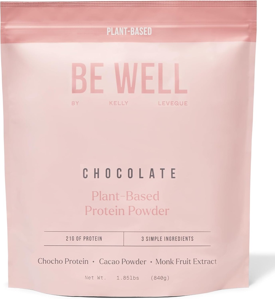 Be Well by Kelly Chocolate Plant-Based Protein Powder, Vegan 21G Protein 9G Fiber 1 NetCarb (3 Ingredientes, 20 Servings) 9 Aminoácidos 3 BCAAs No Soy, No Dairy, Stevia-Free No Sugar Añadido 1.85lb 840g