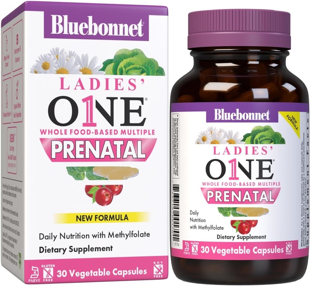 BlueBonnet Nutrition Ladies’ One Prenatal Whole Food-Based Multiple, Daily Nutrition*, Prenatal " Postnatal Health*, Non-GMO, Kosher, Gluten-Free, Soy-Free, 30 Vegetable Capsules, 30 Servings
