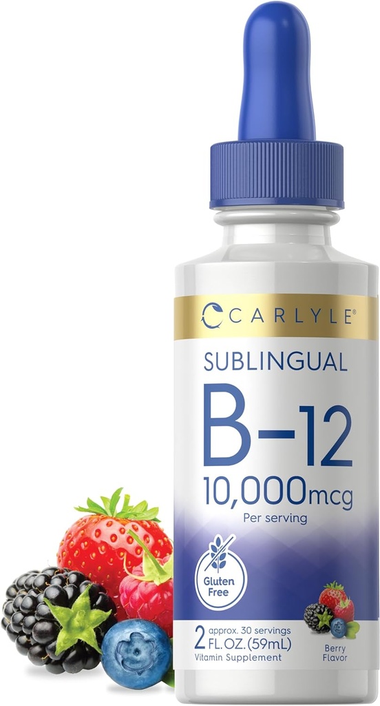 Carlyle Vitamina B12 Sublingual Liquid Drops TEN 10,000mcg TEN 2 fl oz TEN Vegetarian, Non-GMO, Gluten Free