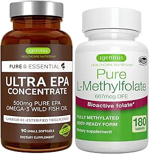 Ultra Pure EPA + Pure Folate 400mcg Bundle, 500 mg Omega-3 EPA Wild Fish Oil + Optimizado L-Methylfolate, por Igennus