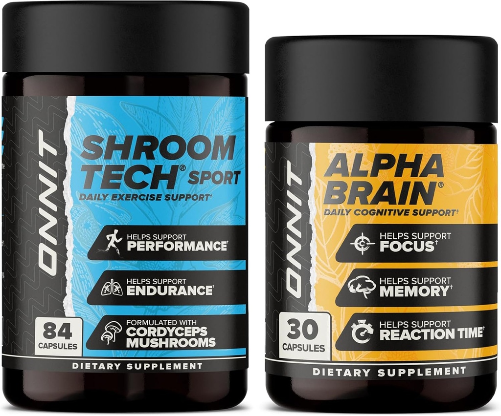 ONNIT Premium Alpha Brain Bundle - Suplemento Nootropic Brain (30 Conde) para Focus, Concentration &amp; Memory + Shroom Tech Sport para el ejercicio, Energía y rendimiento cardiovascular (84 Conde)