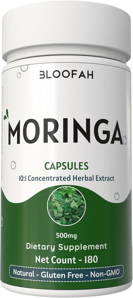 Moringa Capsules 500mg ← 100% Pure Moringa Oleifera Leaf TENIDO Concentrado 10:1 Extracto Polvo no-GMO, Nutrient-Rich Vegetarian Verde Superalimento (180 Conde (Pack of 1)