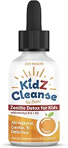 Kidz Cleanse tóxico Zeolite Detox para niños tóxicos Desarrollo, Comportamiento, Energía y Salud Gut Suplemento de Apoyo Silencioso fácil de tomar, Pure Liquid Zeolite Drops + Metil B12 + D3 (Orange Flavor) - 2oz