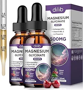 (2 Pack) Magnesium Glycinate Liquid Drops 500mg, con Vitamina B6, Ashwagandha, L - Theanine, Chamomile, Magnesium Glycinate Suplemento Alta Absorción para el sueño, estrés, energía Mood - Cherry Flavor