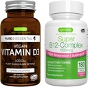 Vegan Vitamina D3 + Super B12-Complex, Vegan Bundle, 365 1000iu Vitamina D3 Tabletas + alta absorción Sublingual B12, por Igennus