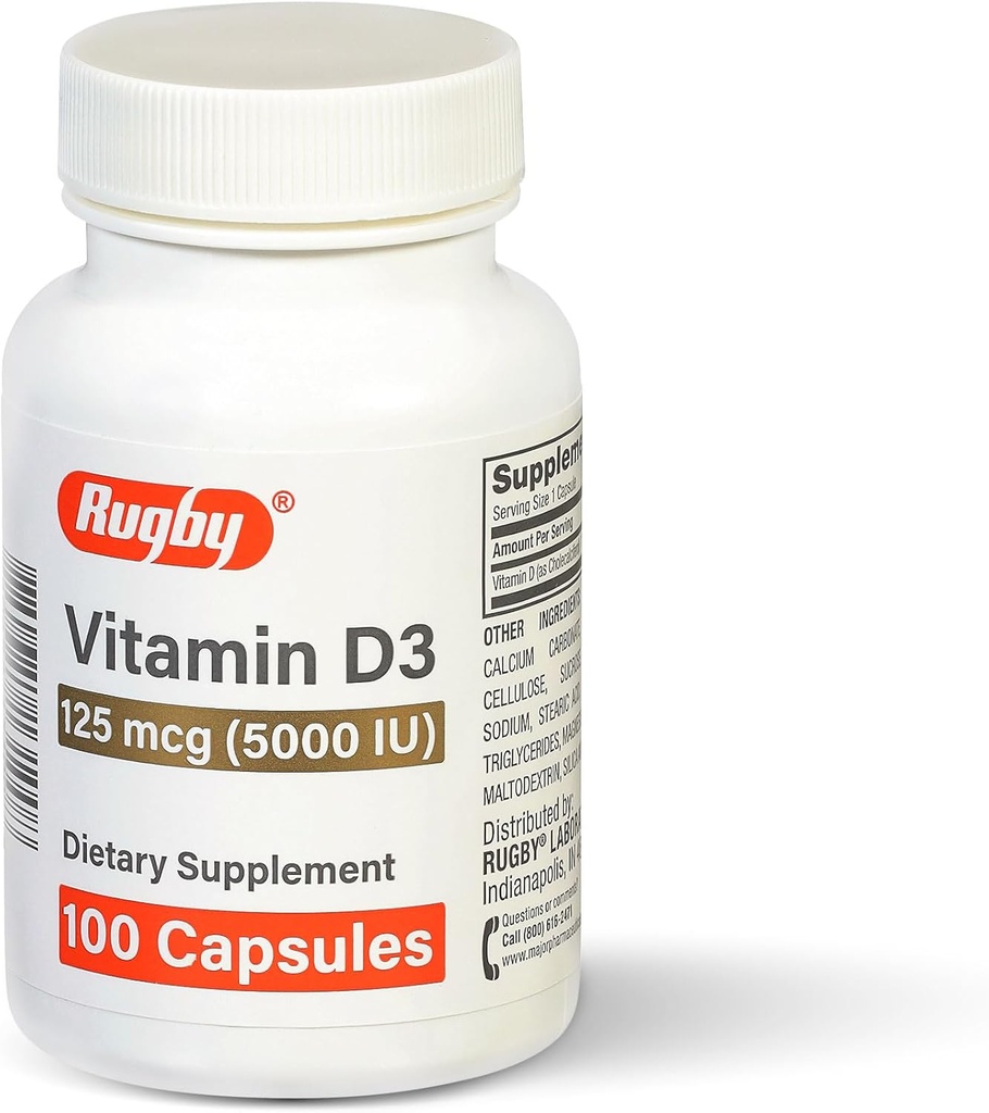 Vitamina Rugby D3 5.000 UI (125 mcg) - Suplemento dietético de vitamina D para el hueso, los dientes y la salud inmunitaria, 100 cápsulas