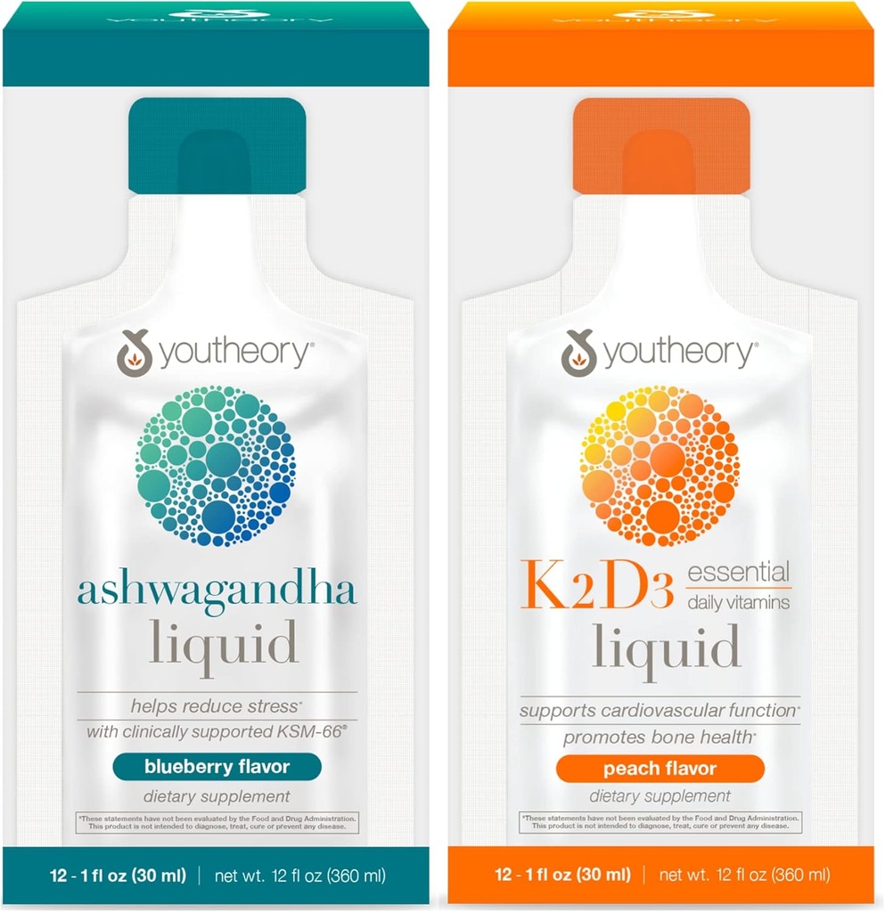 Teoría Ashwagandha Liquid Blueberry, 12 Single Serving Packets, K2 y D3 Daily Vitamin Liquid Peach, 12 Single Serving Packets