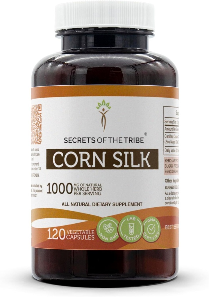 Secretos de la Seda Tribe Corn Silk USDA Organic Capsules  Certified Organic Vegetarian Capsules, Herbal Dietary Supplement ← Zea Mays Dried Silk (120 Conteo)