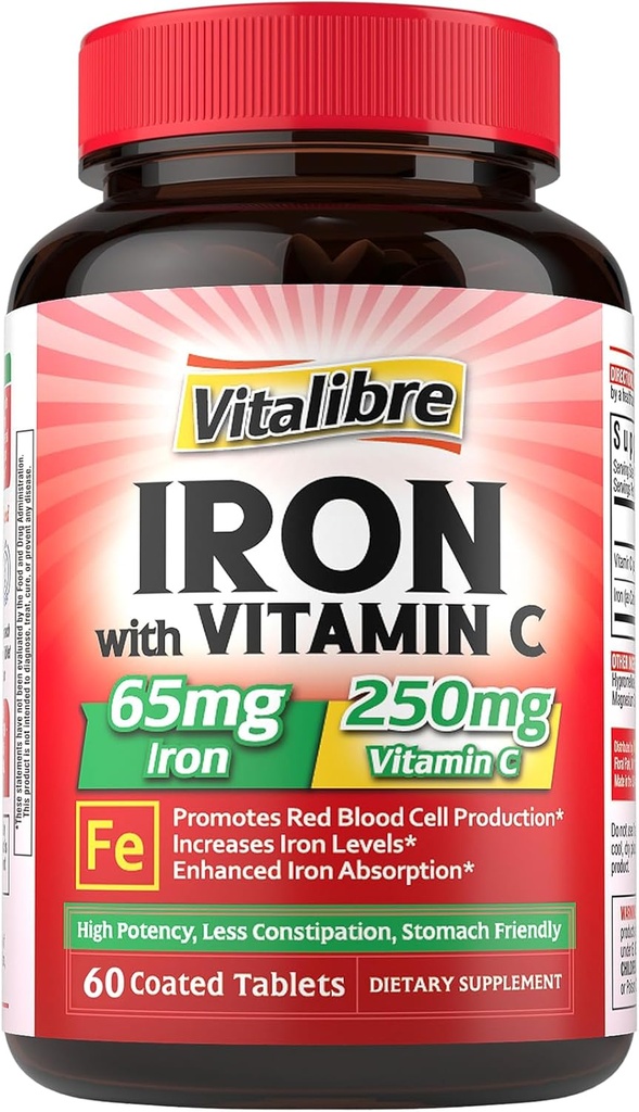 Suplemento de hierro, 65mg Hierro de Carbonilo con 250mg Vitamina C, píldoras de Hierro Amistoso para el Edificio de la Sangre Mujeres &amp; Hombres, Alta Absorción, No Nausea, Sin Estreñimiento, No GMO, No Gluten, 60 Tabs Vegan