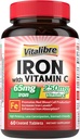 Suplemento de hierro, 65mg Hierro de Carbonilo con 250mg Vitamina C, píldoras de Hierro Amistoso para el Edificio de la Sangre Mujeres &amp; Hombres, Alta Absorción, No Nausea, Sin Estreñimiento, No GMO, No Gluten, 60 Tabs Vegan