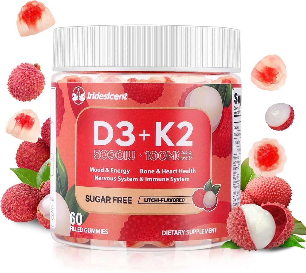 Vitamina D3 K2 Gummies w/Magnesium Sugar Gratis - 60 Conde Ø D3 Vitamina 5,000 UI + K2(MK-7) 100 mcg - Vegan K2 D3 Suplemento de Vitamina, Altamente Absorbentes Soportes Hueso, Musculo, Mood &amp; Immune(Lychee Flavor)