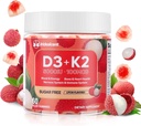 Vitamina D3 K2 Gummies w/Magnesium Sugar Gratis - 60 Conde Ø D3 Vitamina 5,000 UI + K2(MK-7) 100 mcg - Vegan K2 D3 Suplemento de Vitamina, Altamente Absorbentes Soportes Hueso, Musculo, Mood &amp; Immune(Lychee Flavor)