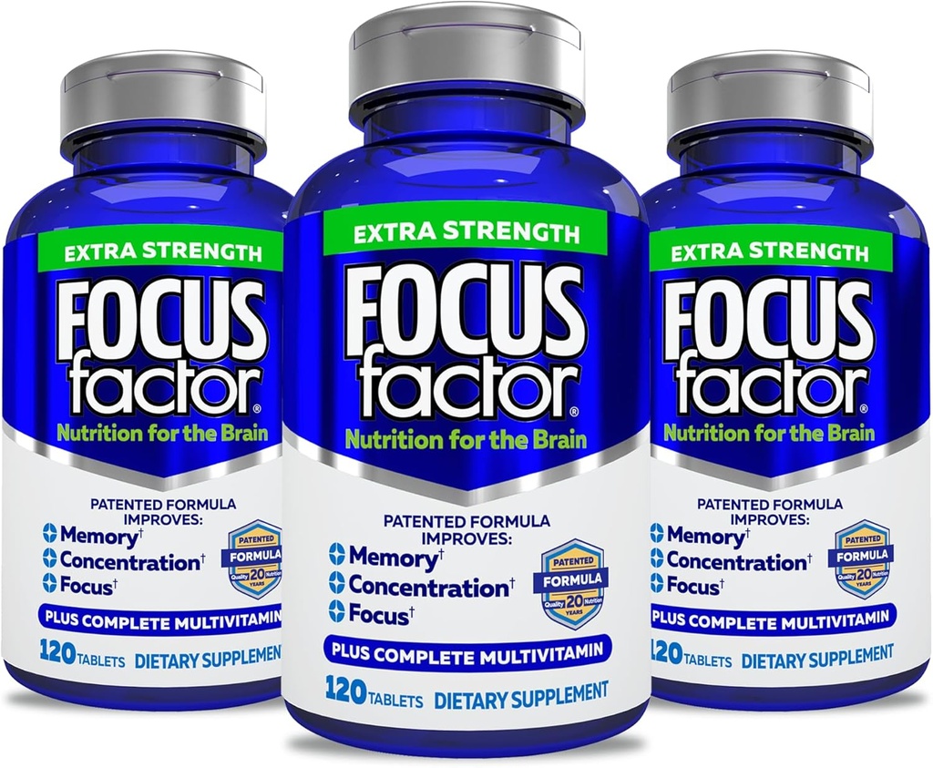 Factor de foco Adultos Fuerza Extra, 120 Conde- Suplemento Cerebro para Memoria, Concentración, Focus- DMAE, Vitamina D, DHA- Suplemento de Salud Cerebro – Fórmula Confiada- Vitaminas Cerebro, Píldoras Focus (3 Pack)