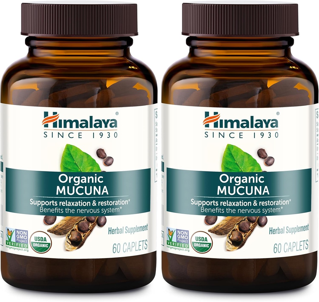 Himalaya Suplemento Herbal de Mucuna Orgánica, Apoyo Relajación, Relieve de Tensión, Función Cerebro, No GMO, USDA Orgánica, Vegana, Gluten Gratis, 600 mg, 60 Plant-Caplets, 2 Pack, 120 Day Supply