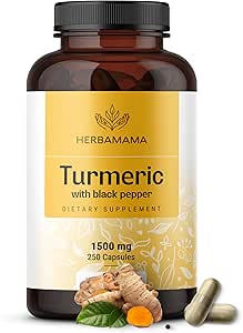 HERBAMAMA Curcumin Turmeric Capsules - 1500mg Curcuma Longa y Black Pepper Extracto para Uric Acid &amp; Digestive Support - Vegan, Non-GMO Turmeric Antioxidant Suplemento, 250 Caps