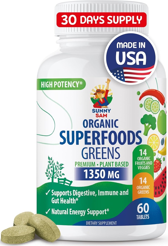 SUNNY SAM Super Food Suplementos Verdes para Adultos - 60 Tablets - Ecológicos Super Verdes con Frutas Reales, Verduras y Herbs para Digestivos Naturales y Apoyo Energético