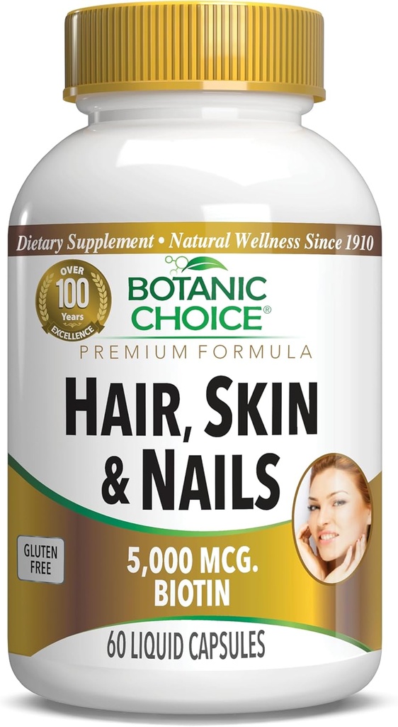 Botanic Choice Hair Skin and Nails Vitaminas - Biotin Suplemento con Collagen, Vitamina C, & Iron - Super Antioxidante Blend con aceite de argán y ácido hialurónico - 60 cápsulas líquidos