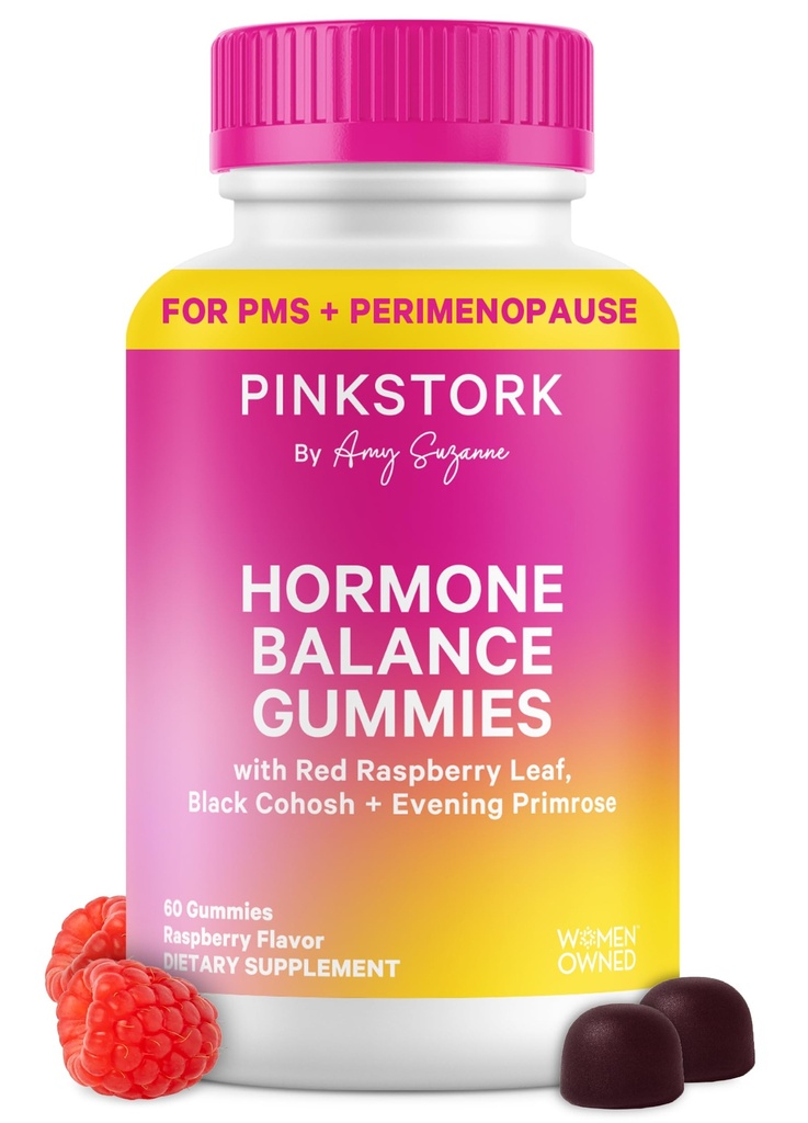 Pink Stork Hormone Balance Gummies for Women – PMS, Menopause &amp; Estrogen Support – Mood, Bloating, Hot Flashes & Energy – Red Raspberry Leaf, Black Cohosh, Primrose – 60 Gummies Vegan