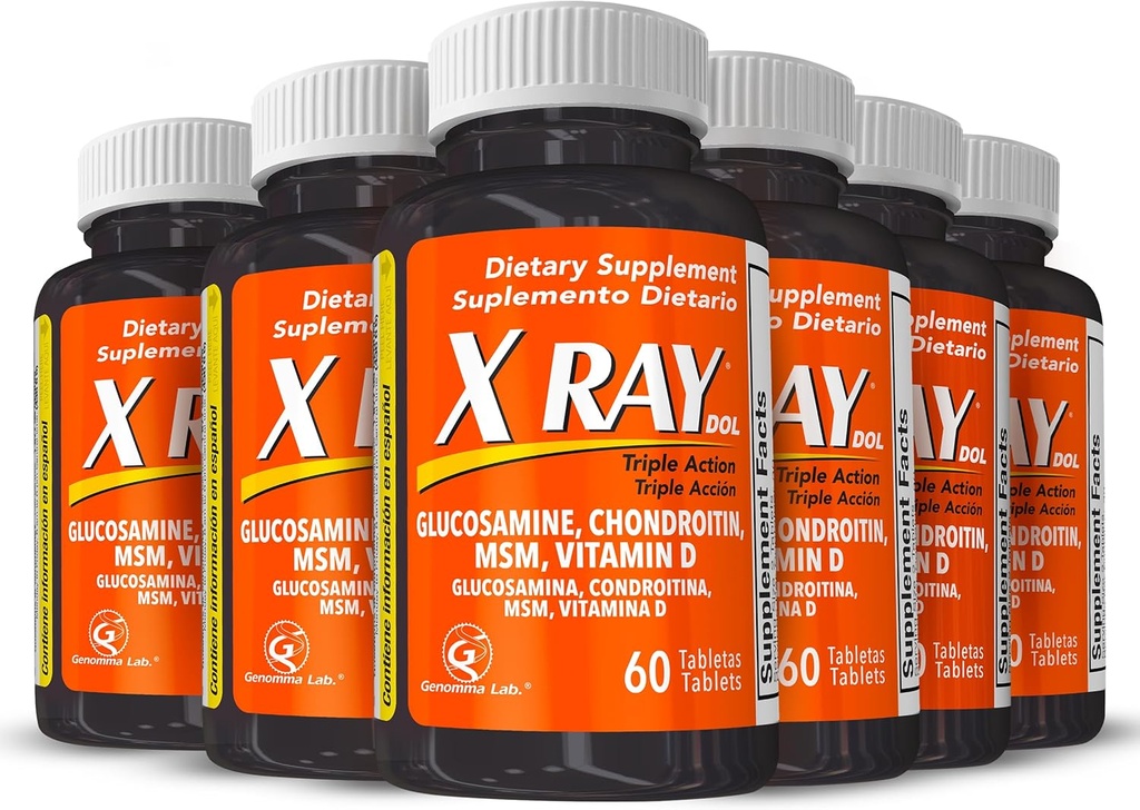 X Ray Dol Triple Acción Conjunto Apoyo Suplemento con Glucosamina 1500mg, Condroitina 800mg, MSM 750mg y 5X Vitamina D para Juntas Saludables, Bones & Cartilage - 60 Cuenta por Botella - 6 Pack
