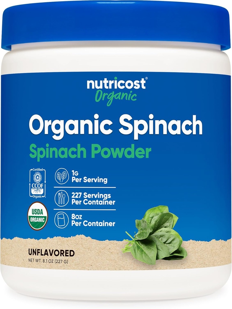 Nutricost Organic Spinach Powder 8oz (1 Gram Por Serving) - Certified USDA Organic, Premium Non-GMO Spinach Powder